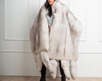 高級両面フルレングスブルーフォックスコート、ファーベルト付き