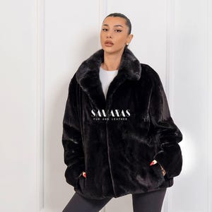 Luxury Saga Black Mink Sheared Fur Coat With Double Fur Notched Collar, real mink fur jacket, fur jacket