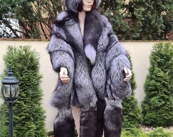 SILVER FOX Set etol Cape and hat with Whole skins,fox Cape,fox hat,real fur,fox fur hat, fox fur cape,real fur,anniversary or birthday gift