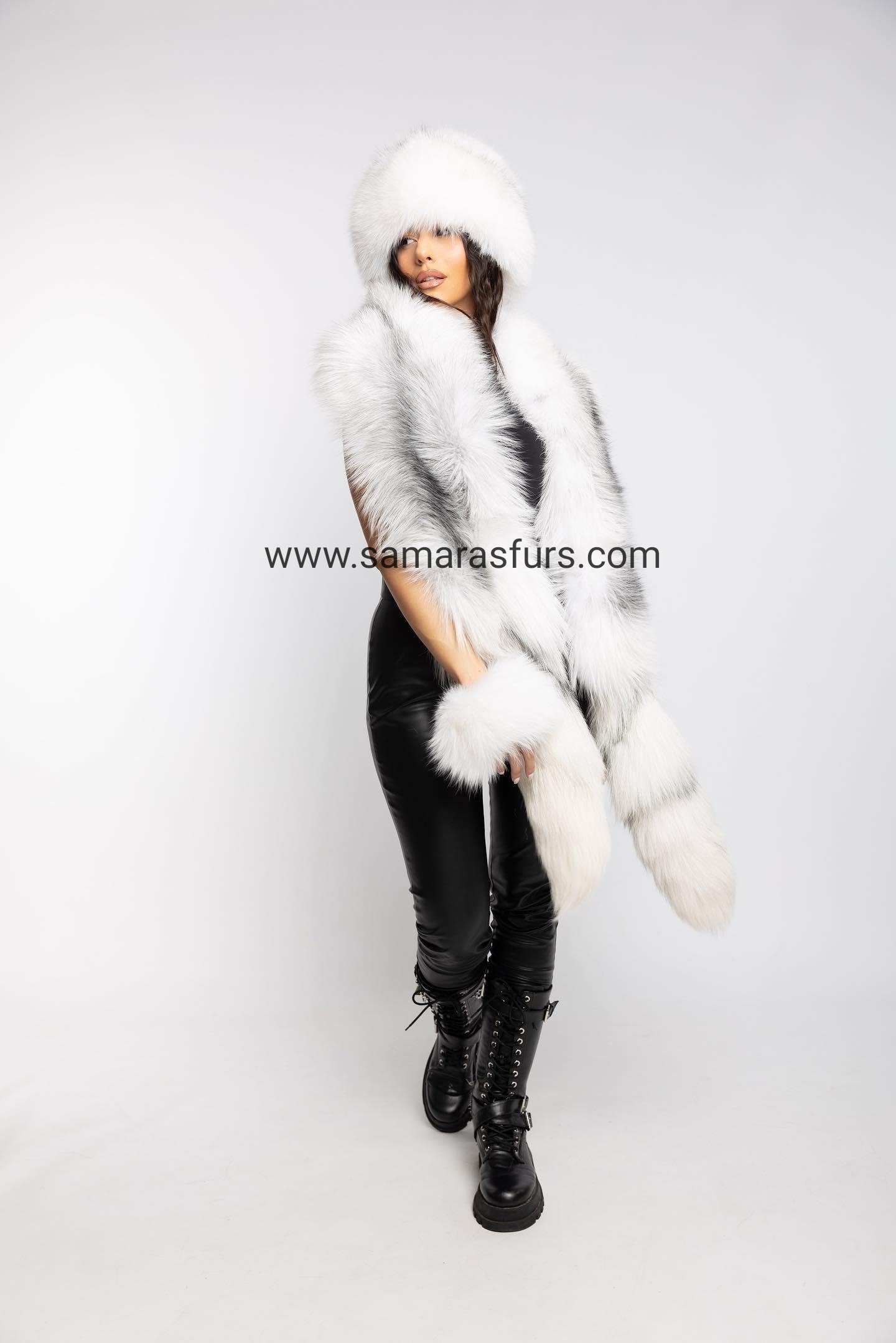 LUXUS ARTIC FOX Fur Boa Set mit Fuchs Hut und Fuchs Pelzmanschetten,Artic Vollhaut Fuchsschal mit Schwänzen,Fuchs Hut,Fuchs Umhang