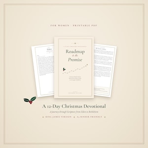 May include: A printable PDF 12-day Christmas devotional titled Roadmap to the Promise. The cover features a dotted path, a small holly sprig, and the text A journey through Scripture from the first promise in Eden to the manger in Bethlehem.