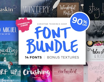 May include: A collage of 14 different fonts, each displayed with a unique background image. The fonts are all handwritten and have a variety of styles, including script, brush, and sans serif. The text "FONT BUNDLE" is displayed in large, blue, handwritten letters. The text "90% OFF" is displayed in a red circle.