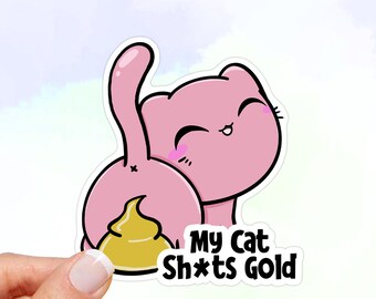 Funny Cat Pooping Gold Vinyl Sticker - Waterproof Laptop Decal