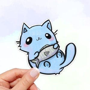 Cat with Fish Vinyl Sticker, Waterproof sticker, Cat Stickers, water bottle sticker, laptop sticker, kawaii sticker, car sticker