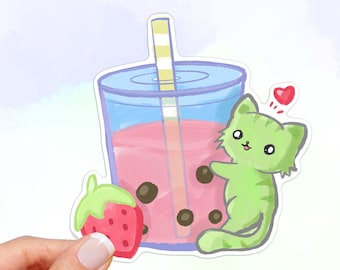 Kawaii Cat on Strawberry Boba Tea Vinyl Sticker - Waterproof Car Decal