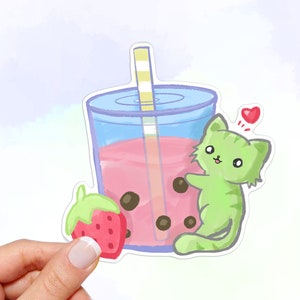 Kawaii Cat on Strawberry Boba Tea Vinyl Sticker - Waterproof Car Decal