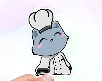 Blue Chef Cat Vinyl Sticker: Waterproof Kawaii Decal