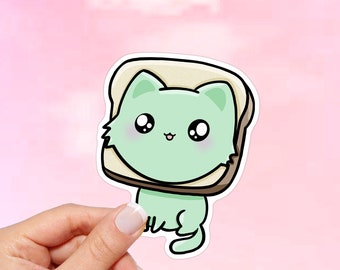 Bread on Cat Vinyl Sticker, Waterproof sticker,  Bread Meme sticker, water bottle sticker, laptop sticker, kawaii sticker, Car sticker