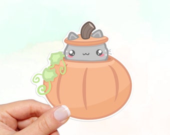 Kawaii Cat in Pumpkin Vinyl Sticker: Waterproof Laptop Decal