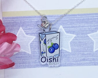 Kawaii Juice Box Necklace: Acrylic Charm with Silver Heart
