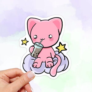 Cat on Cloud Boba Sticker: Waterproof Vinyl Decal