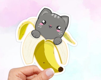 Cat Banana Vinyl Sticker: Waterproof Kawaii Art