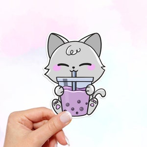Kawaii Cat Drinking Boba Sticker: Waterproof Vinyl Decal
