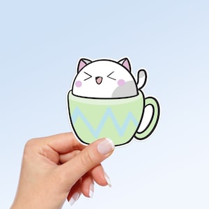Kawaii Cat in Cup Vinyl Sticker: Waterproof Laptop Decal