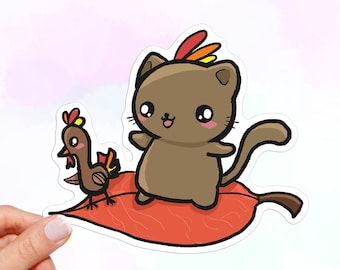 Thanksgiving Cat Waterproof Sticker: Kawaii Turkey Art