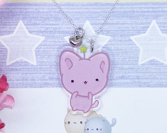 Kawaii Cat Necklace: Acrylic Charm, Silver Heart, Bitty Neko