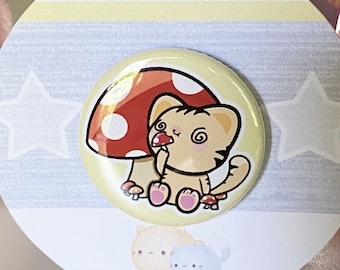 Cat button pin, Button Badge, pinback button, Mushroom