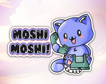 Kawaii Cat on Phone Vinyl Sticker - Waterproof Moshimoshi Art