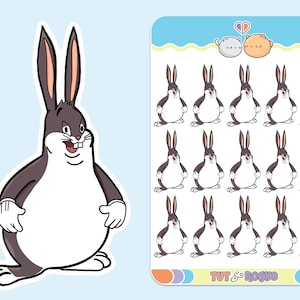 May include: A sheet of stickers featuring a cartoon rabbit with a large belly and a mischievous grin. The rabbit is repeated 12 times on the sheet. The sheet is white with a light blue border and the text "TUT & Rogue" at the bottom.
