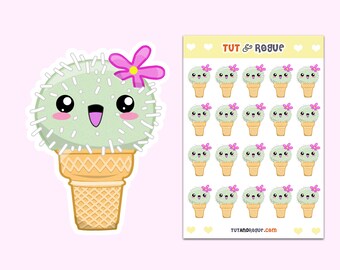 Cactus Ice Cream Planner Stickers, Kawaii Stickers