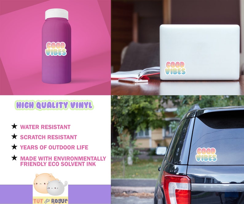 May include: A sticker with the text "GOOD VIBES" in rainbow colors. The sticker is shown on a water bottle, a laptop, and a car window. The sticker is made of high quality vinyl and is water and scratch resistant.