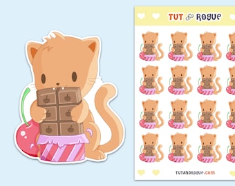 Cat eating chocolate bar Sticker Sheet, Planner stickers, Calendar stickers, Journal stickers, Mini stickers