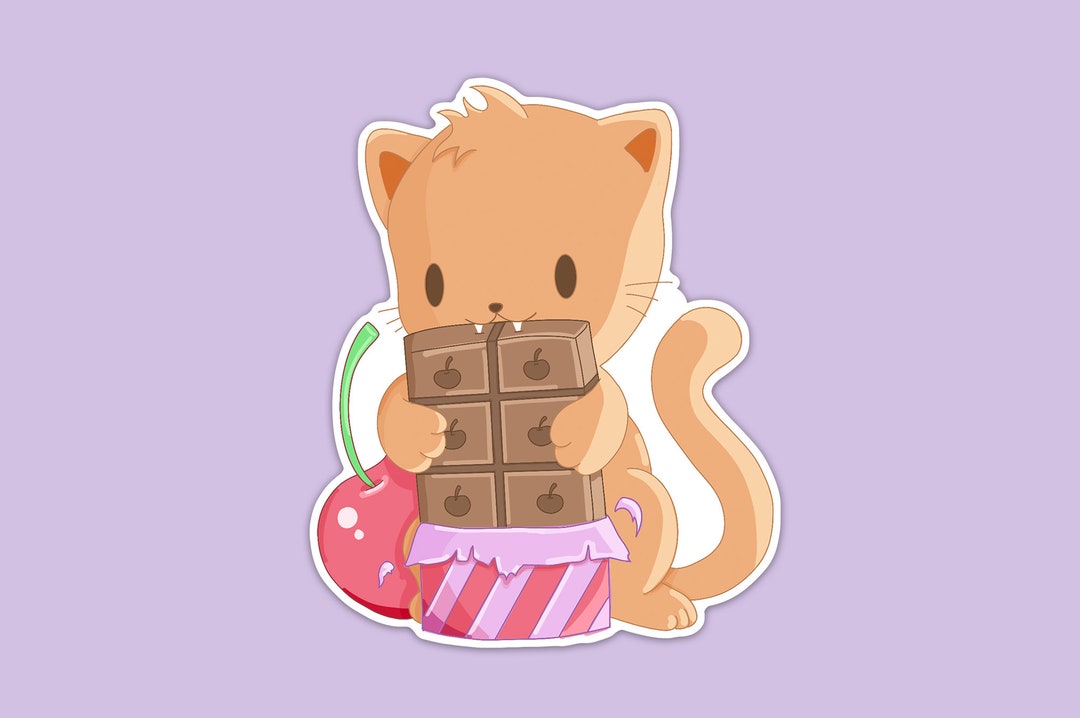Cat Eating Chocolate Bar Vinyl Sticker, Cat Stickers, Waterproof ...
