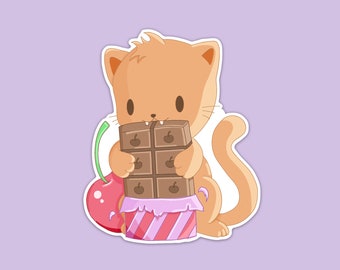 Kawaii Cat Eating Chocolate Bar Vinyl Sticker - Waterproof Laptop Sticker