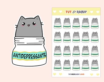 Cat Pill Bottle Sticker Sheet, Cat Antidepressants