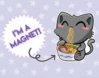 May include: A cartoon gray cat with a pink nose and pink cheeks is eating ramen noodles. The cat is holding chopsticks in its right paw and has a bowl of ramen in front of it. The cat is smiling and has noodles coming out of its mouth. The background is a light purple with white stars. The text "I'm a magnet!" is in a speech bubble above the cat.
