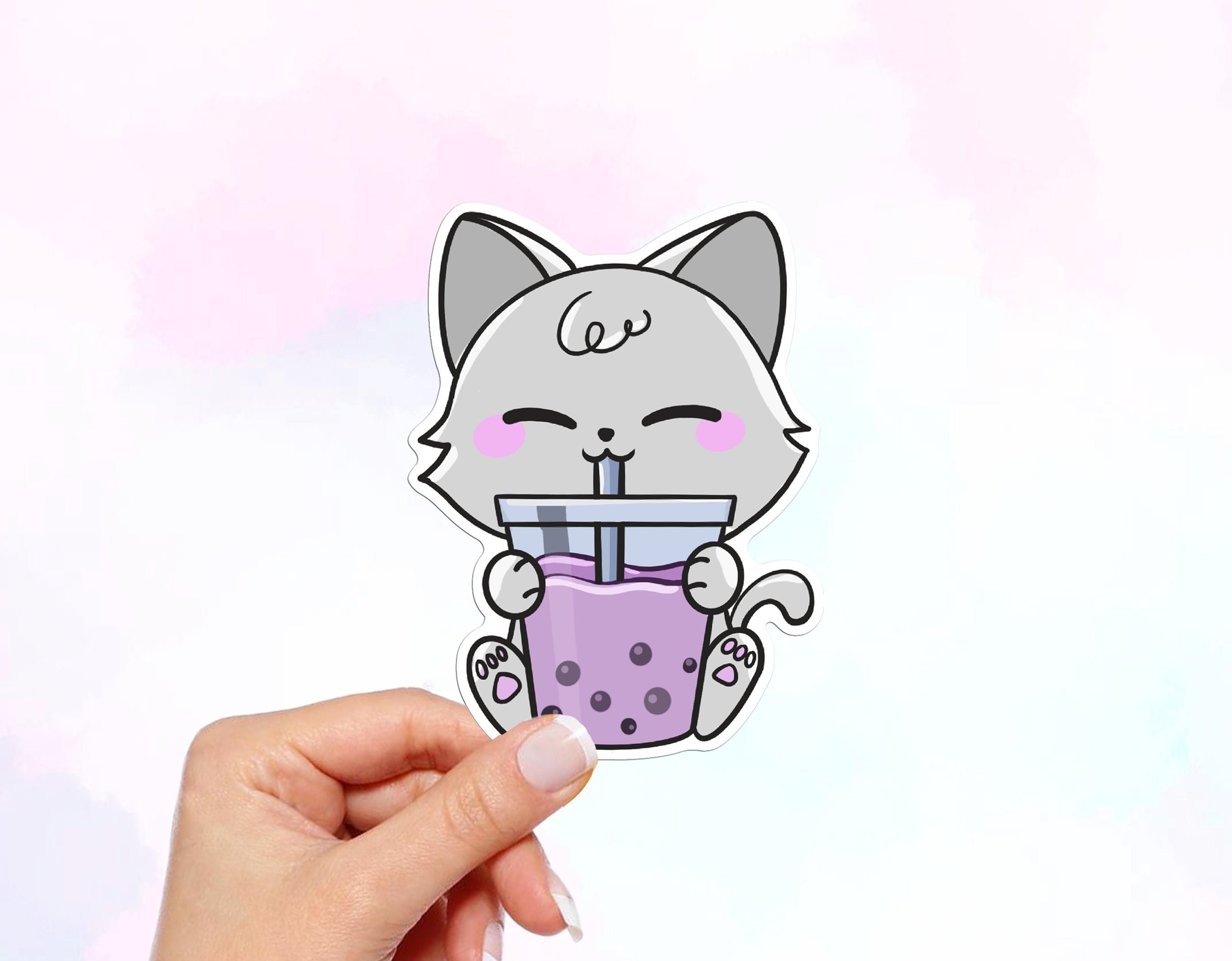 Cat Drinking Boba Vinyl Sticker Waterproof Sticker Car - Etsy