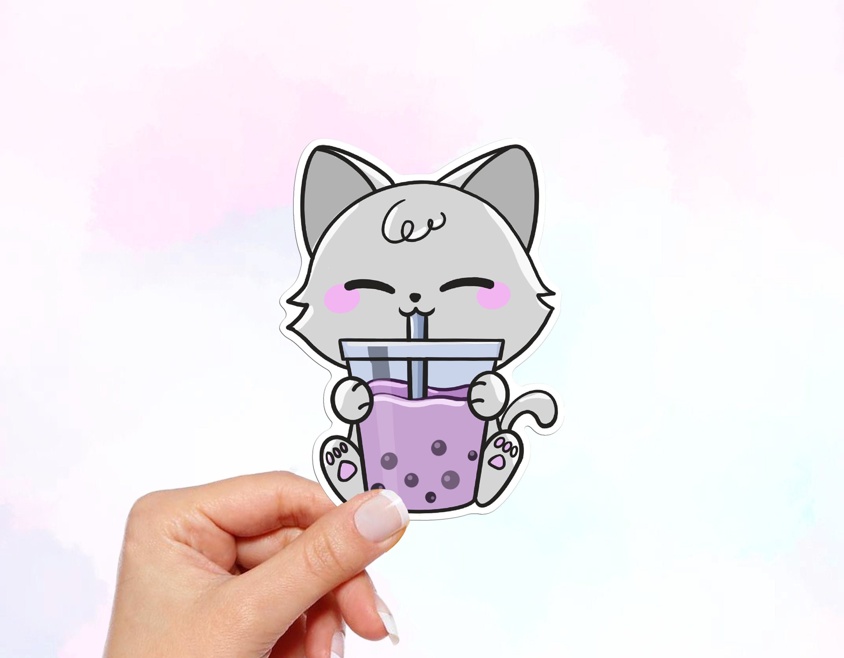 White Kawaii Kitty Drinking Boba Tea Waterproof Sticker | Boba Cat