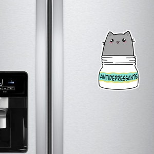 May include: A gray cat cartoon illustration inside a white jar with the text "ANTIDEPRESSANTS" on a blue and yellow label.