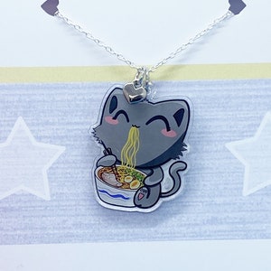 Ramen Noodle Cat Necklace with Heart Charm, Kawaii Necklace,