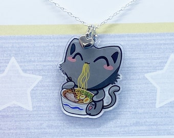 Ramen Noodle Cat Necklace with Heart Charm, Kawaii Necklace,
