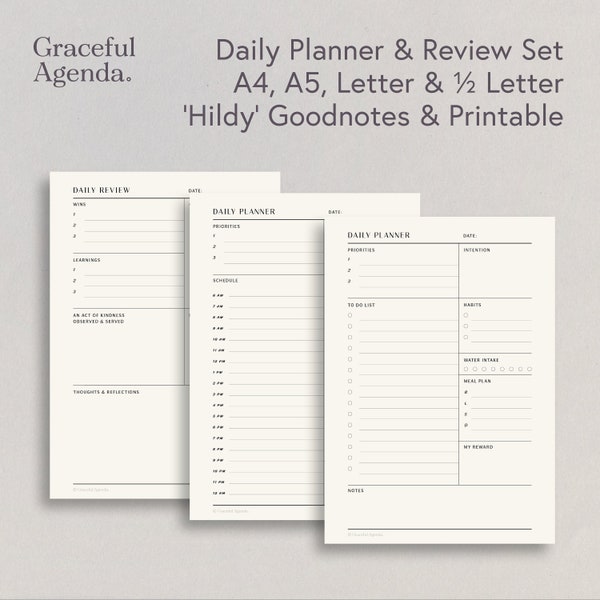 Daily Planner & Review Set, Hourly Schedule, Goodnotes, Digital, Printable Stationery, To Do List, Daily Review, Hildy Series