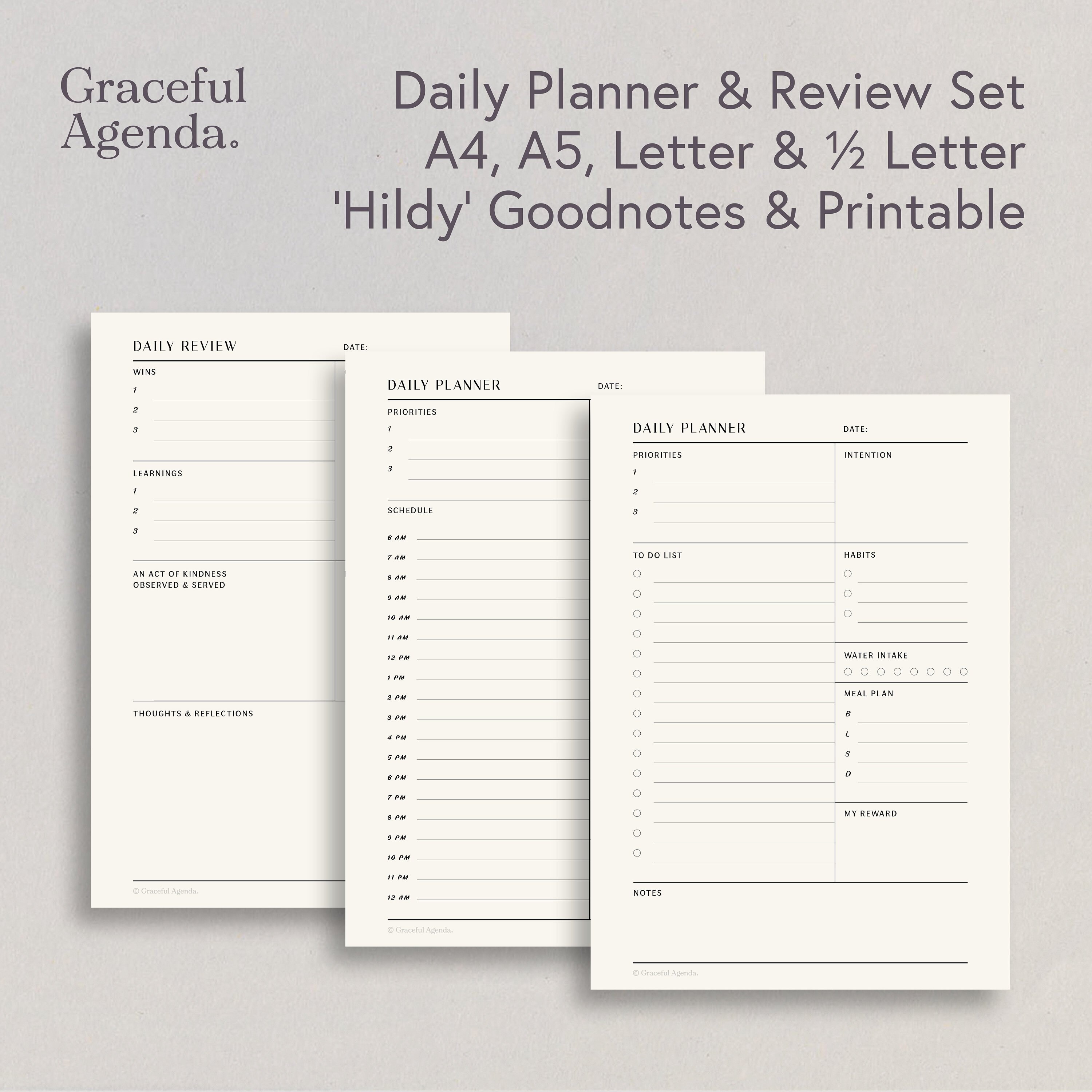 Daily Planner & Review Set, Hourly Schedule, Goodnotes, Digital