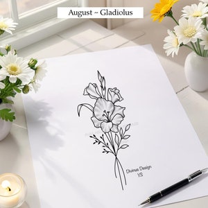 Fleur de naissance d'août, fleur de naissance de glaïeuls, tatouage de fleur de naissance, téléchargement immédiat, conception de tatouage imprimable, conception de fleur de naissance de trait fin