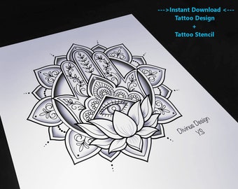 Hand of Fatima Mandala Lotus Tattoo Design and Stencil/Template | Hamsa lotus Mandala | Digital Download Tattoo Design | Tattoo Permit