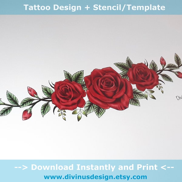 Red Roses Tattoo for C Scar Coverup, Tummy Tuck or lower back Tattoo - Colored Version tattoo design + Stencil/Template - Instant Download