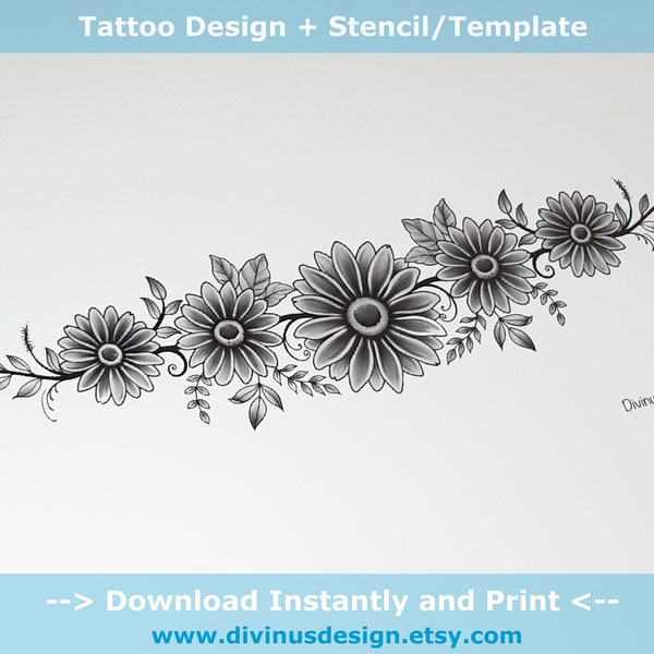 Black and white Sunflower Tattoo Design for C Scar Coverup - Tummy Tuck - lower back plus Stencil/Template - Instant Digital Download