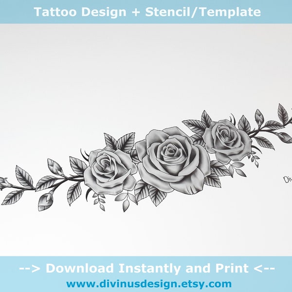 Roses Tattoo for C Scar Coverup or lower back Tattoo - Tattoo design + Stencil/Template - Instant Download - Tattoo Permit