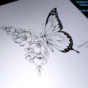 Half flower half butterfly,half butterfly half flowers tattoo design, tattoo design and stencil,butterfly tattoo design, female butterfly tattoo, feminine tattoo design