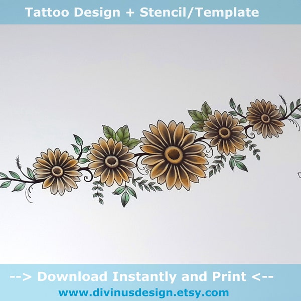 C Scar Coverup - Tummy Tuck - Lower Back Sunflower Colored Version Tattoo Design and Stencil/Template - Instant Digital Download