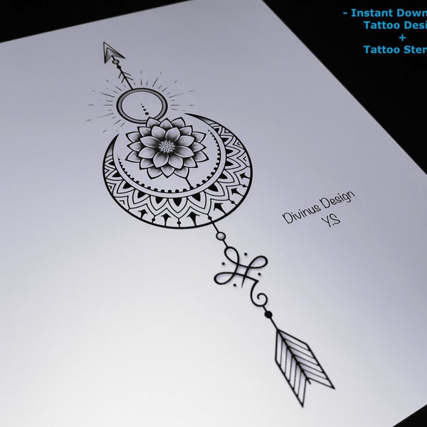 Positive Energy Tattoo | Sun Moon Lotus and Arrow Tattoo Design and Stencil/Template | Strength Symbol Tattoo | Instant Digital Download