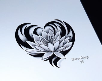 Tribal Heart Lotus Flower Tattoo Design And Stencil Instant Etsy