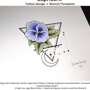 山羊座の星占いの花のタトゥー | タトゥーのデザインとタトゥーのステンシル/テンプレート | インスタントデジタルダウンロード - タトゥー許可証