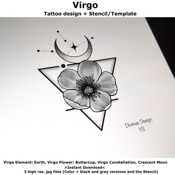 Virgo Horoscope Flower Tattoo | Tattoo Design and Tattoo Stencil/Template | Instant Digital Download - Tattoo Permit