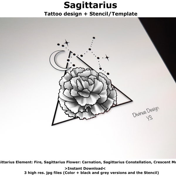 Sagittaire Horoscope Fleur Tatouage | Conception de tatouage et pochoir / modèle de tatouage | Téléchargement numérique instantané - Permis de tatouage