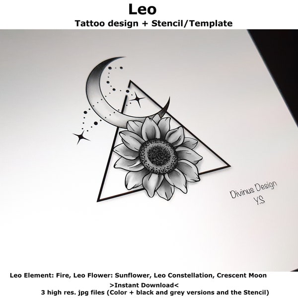 Tatouage Fleur Horoscope Lion | Conception de tatouage et pochoir/modèle de tatouage | Téléchargement numérique instantané - Permis de tatouage